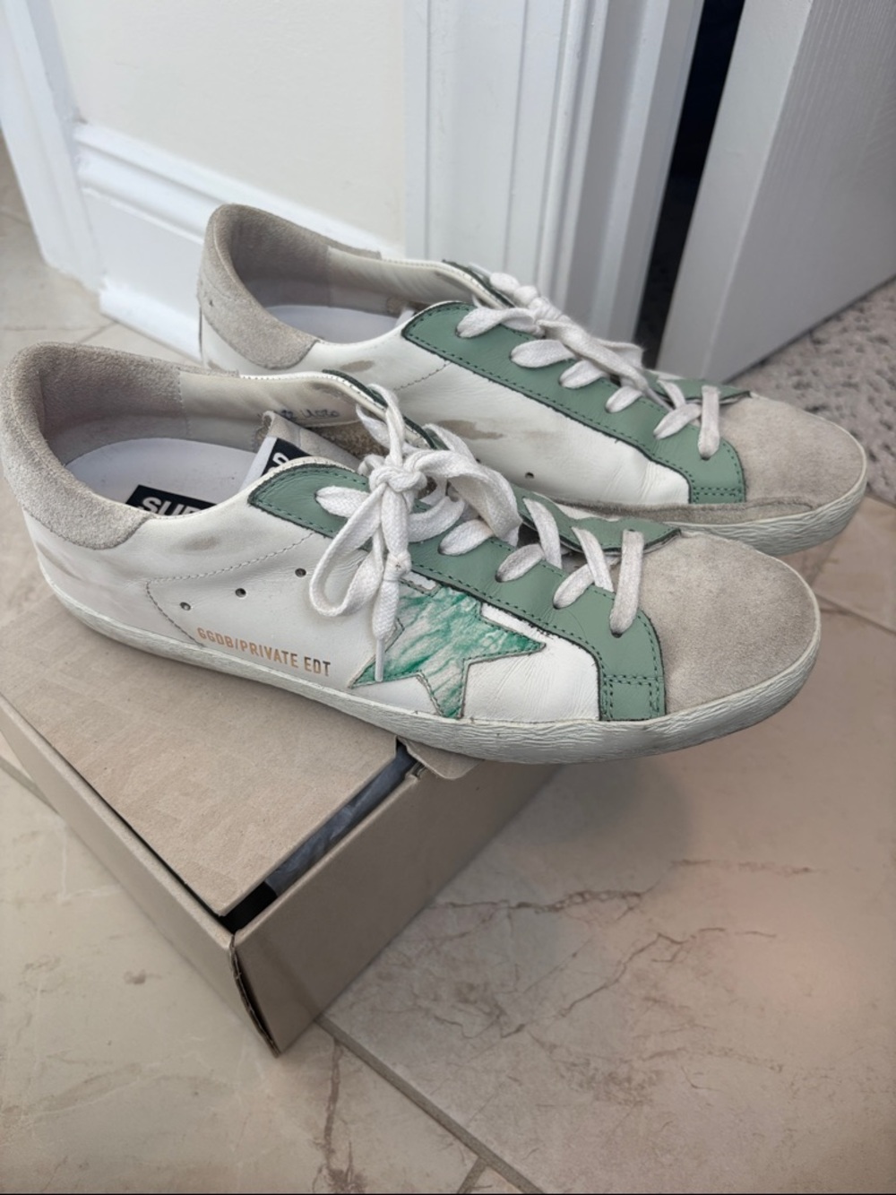 Golden Goose White & Mint Green Superstar Sneakers